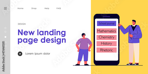 Teacher showing school journal to pupil. Teacher with pointer showing mobile app with school journal. Interested student looking at it. Educational concept for banner, website design or landing page