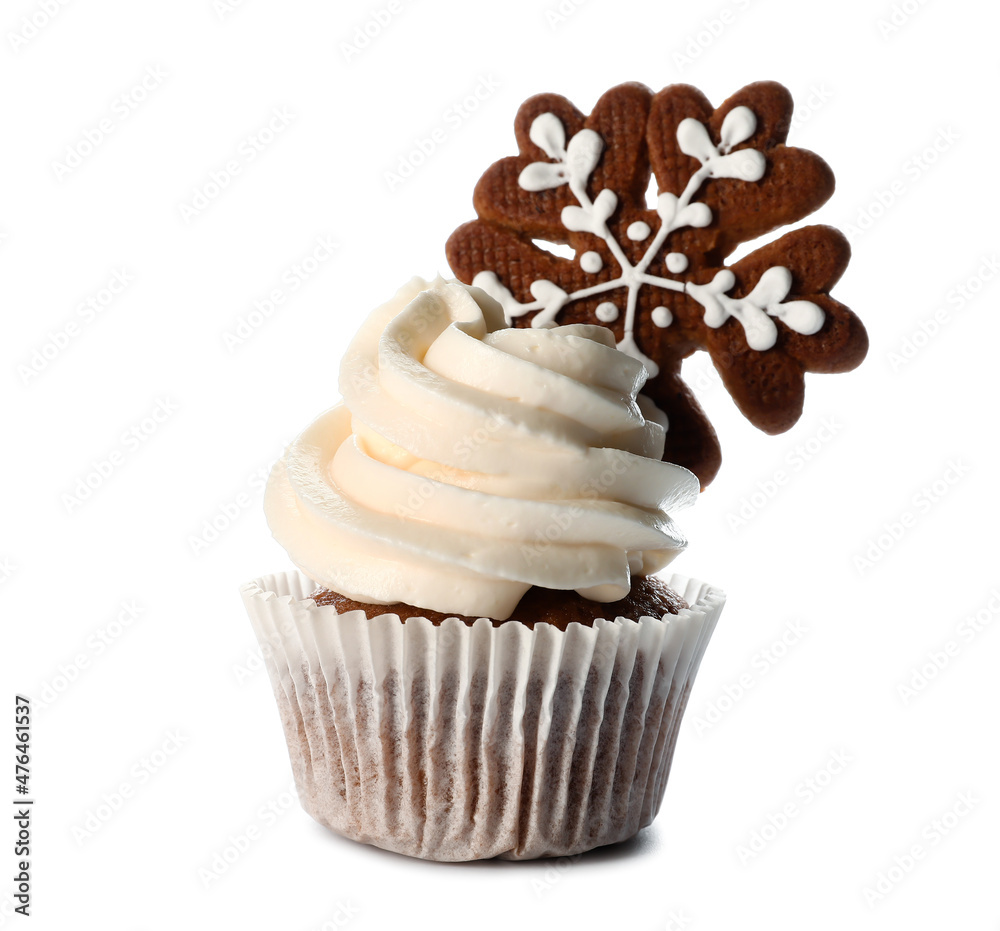 Tasty Christmas cupcake with gingerbread cookie on white background Tasty Christmas cupcake with gingerbread cookie on white background