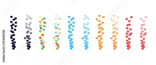 Set of colorful hearts for stream in flatt style. Flying red pink orange black and blue hearts for social media posts, live streaming. Blogging live positive reaction template. Vector illustration.