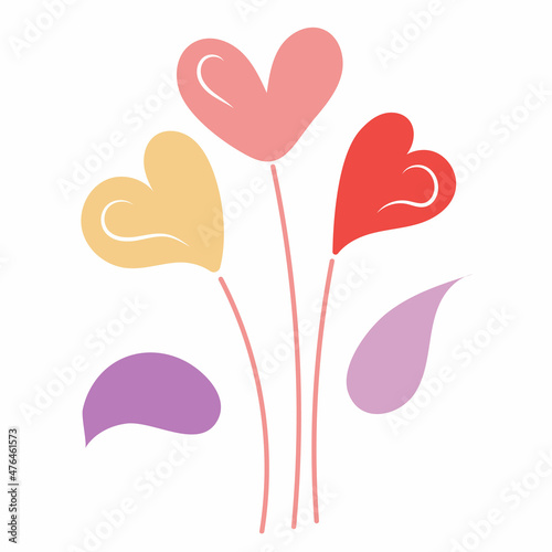 Sticker flowers in the shape of a heart. Vector illustration of love for Valentine's day in flat style. Pink, red and yellow heart shaped flowers decoration isolated on a white background. © Alena Abramova