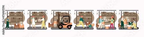 Merchandise warehouse workers, loaders, forklift, loading cart, cardboard boxes. Storage services, vector illustration.