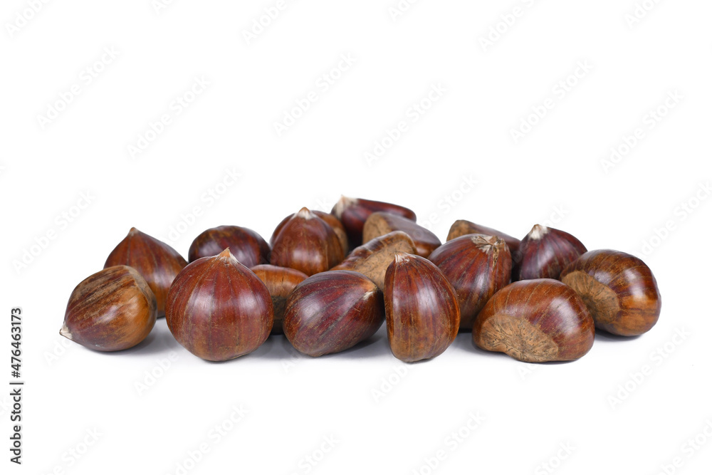 Bunch of raw sweet chestnuts on white background Bunch of raw sweet chestnuts on white background