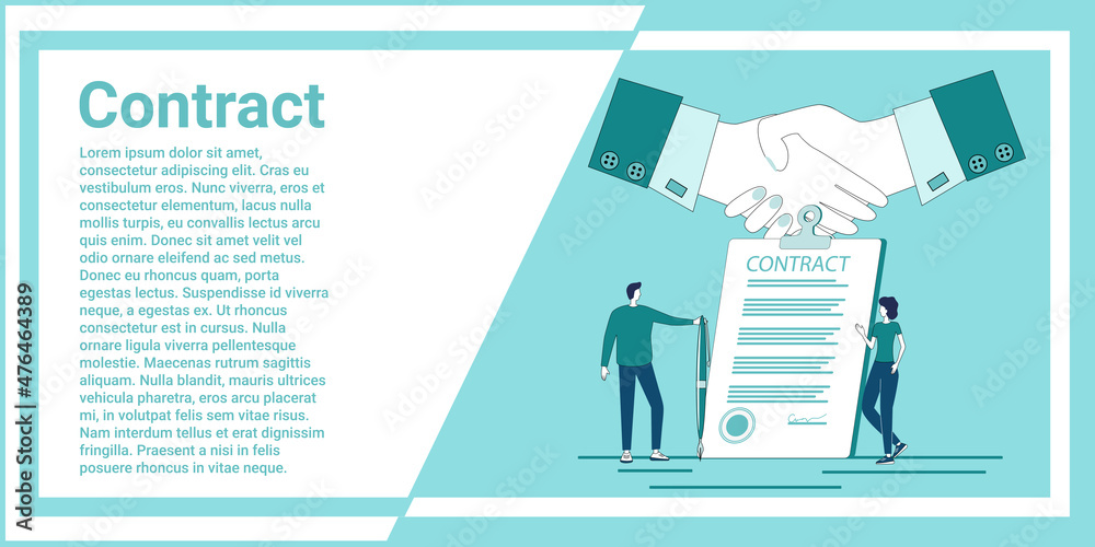 Contract.Signing a contract, a deal and a business handshake.People conduct transactions and sign a contract.An illustration in the style of a green landing page. Contract.Signing a contract, a deal and a business handshake.People conduct transactions and sign a contract.An illustration in the style of a green landing page.