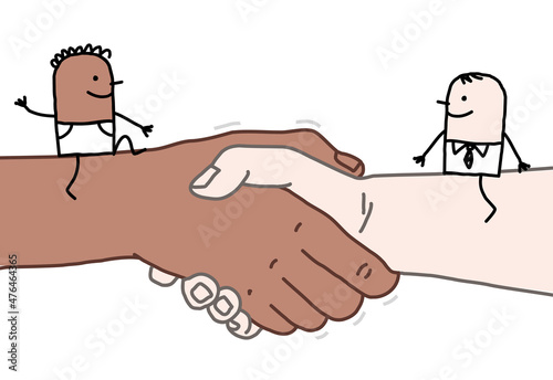 Cartoon Black and White men Meeting on a big Handshake