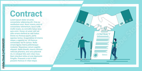 Contract.Signing a contract, a deal and a business handshake.People conduct transactions and sign a contract.An illustration in the style of a green landing page.