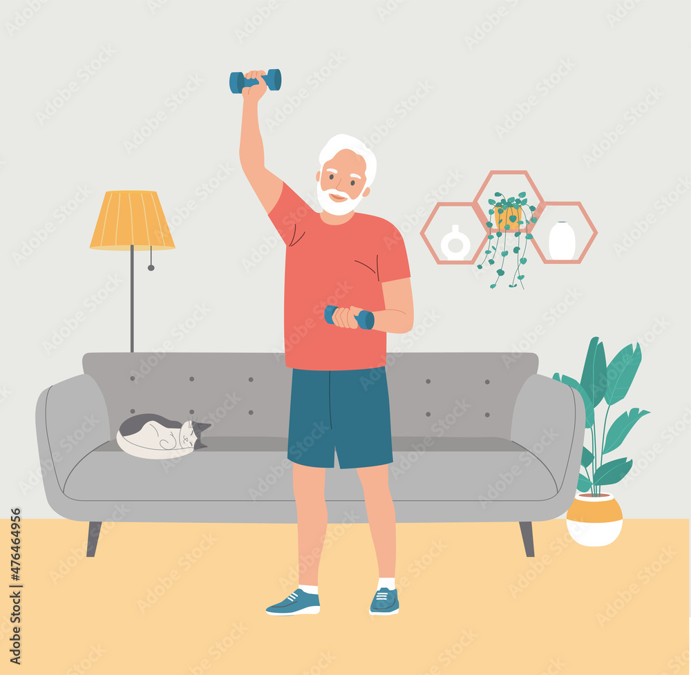 Elderly man do exercises at home. Living room interior. Stay home. Flat style cartoon vector illustration.