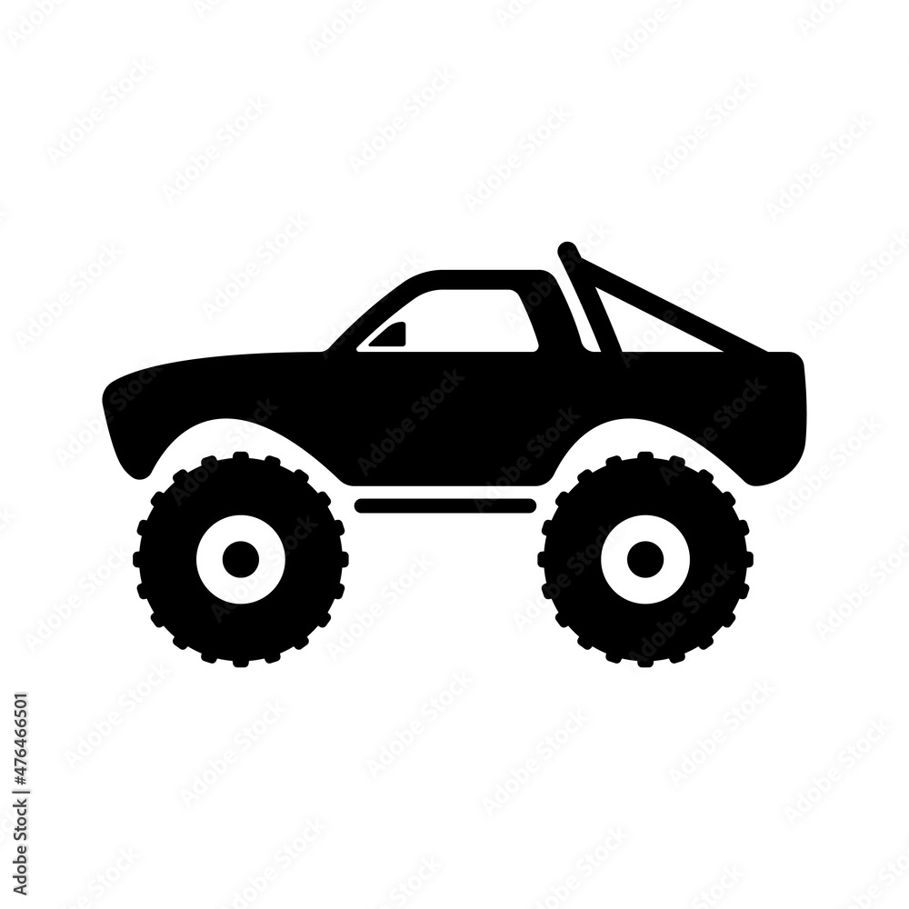 SUV icon. Pickup truck. Monster truck. Bigfoot. Black silhouette. Side view. Vector simple flat graphic illustration. The isolated object on a white background. Isolate.