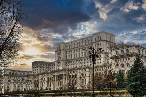 Palace Of The Parliament With A Dramatic Sky, Located In The Center Of Bucharest, Romania. Travels And Tourism. Famous Architecture And Buildings. Eastern Europe