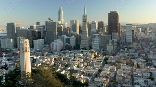 Aerial video footage of San Francisco, California. Buildings lit by golden light of sunset.