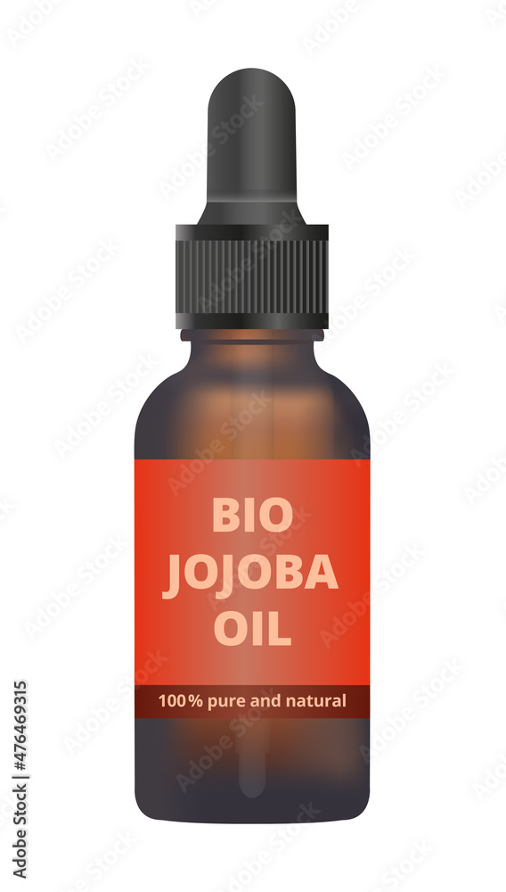 Vector illustration of an amber glass dropper bottle with bio jojoba oil used in pharmaceuticals and cosmetic products isolated on a white background. 100 % pure and natural essential oil. Vector illustration of an amber glass dropper bottle with bio jojoba oil used in pharmaceuticals and cosmetic products isolated on a white background. 100 % pure and natural essential oil.