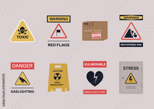 A mental health and human emotions sticker pack stylised as warning signs and industrial objects