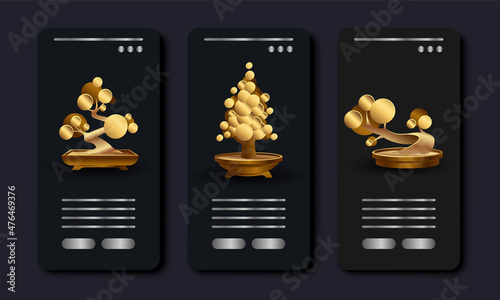 Golden Bonsai tree abstract illustration set. Black Abstract phone app interface design with small golden tree icon.