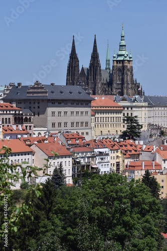 Prague Castle and Saint Vitus Cathedral, Czech Republic. Panoramic view ,red roofs, sights of prague