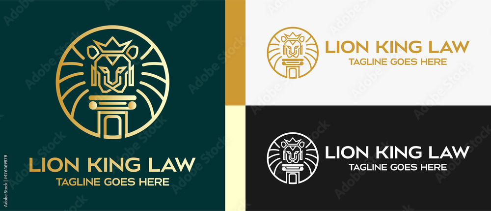 law pillar and lion head logo design template with crown in luxury outline. vector illustration