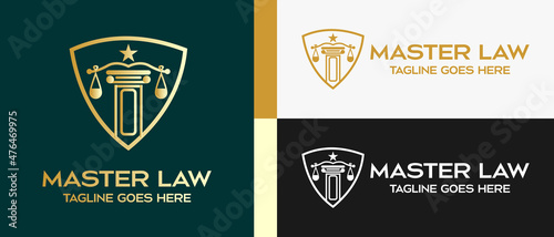 legal pillar logo design template and legal scales in shield. vector illustration