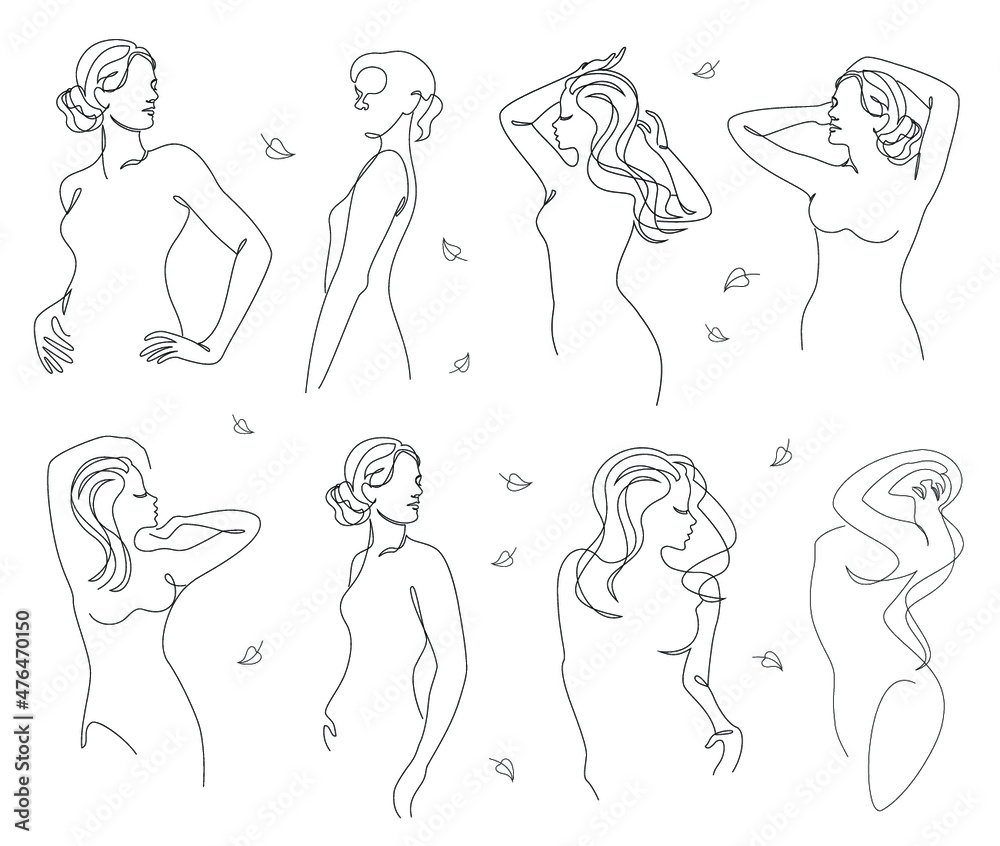 Collection. Silhouettes of the figure of a girl and a leaf of a plant in a modern one-line style. Solid line, aesthetic outline for home decor, posters, stickers, logo. Vector illustration set. Collection. Silhouettes of the figure of a girl and a leaf of a plant in a modern one-line style. Solid line, aesthetic outline for home decor, posters, stickers, logo. Vector illustration set.