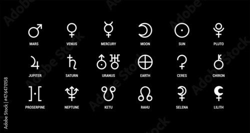 Planet symbol. Vector white sign on black. Mars, venus, mercury and moon. Sun, pluto, jupiter and saturn. Uranus, earth, ceres and chiron. Proserpine, neptune, ketu and rahu. Selena and lilith photo