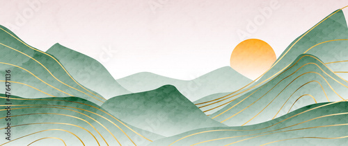 Watercolor background with mountains, hills and the sun in green tones in an oriental style. Landscape art banner with gold lines decoration for interior design, wallpaper, print