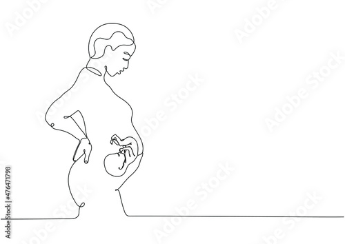 Continuous one line drawing of pregnant woman with babies in the womb. Embryo in belly. Maternity and pregnancy concept.  Medical emblem for pregnancy center.Vector illustration