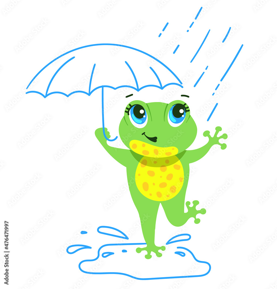Obraz premium cute little laughing frog with umbrella in rain, isolated on white background. Illustration of bright character for business