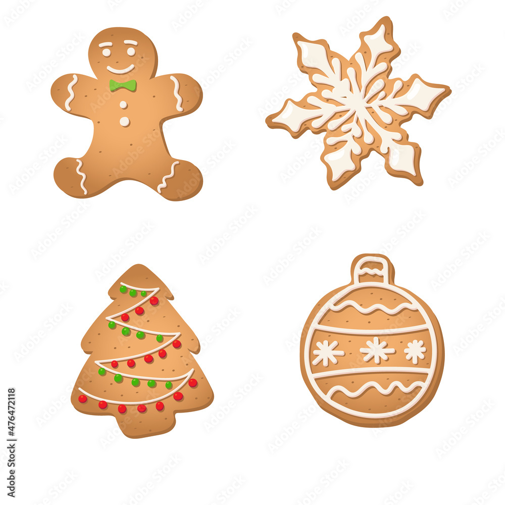 Fototapeta premium A set of gingerbread cookies for Christmas. Christmas tree, Christmas ball, snowflake, ginger man