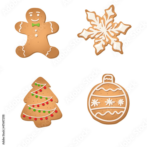 A set of gingerbread cookies for Christmas. Christmas tree, Christmas ball, snowflake, ginger man