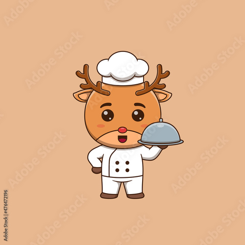 Cute deer chef holding restaurant cloche