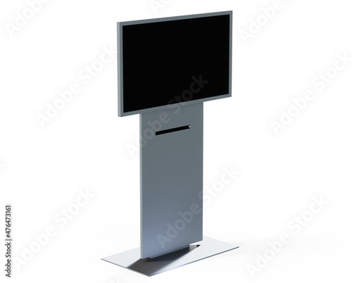 Silver Metallic Interactive Information Terminal. Front View of a Touch Screen Kiosk Stand . 3D Render of a Console with a Blank Empty Screen Isolated on a White Background.