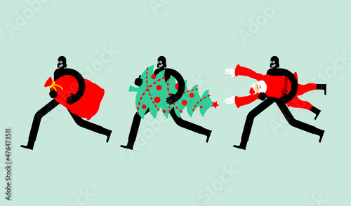 Thief stolen Christmas. Burglar Stole Santa and red bag. Criminal carries fir-tree. New Year is canceled. There will be no holiday