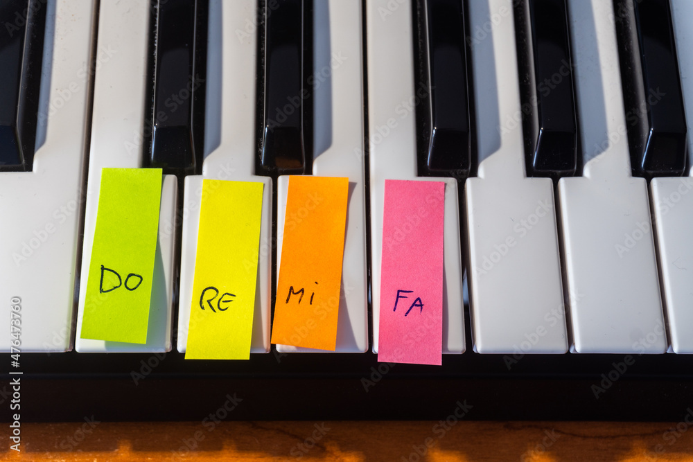 Sticky notes with hand written musical notes, attached to the piano