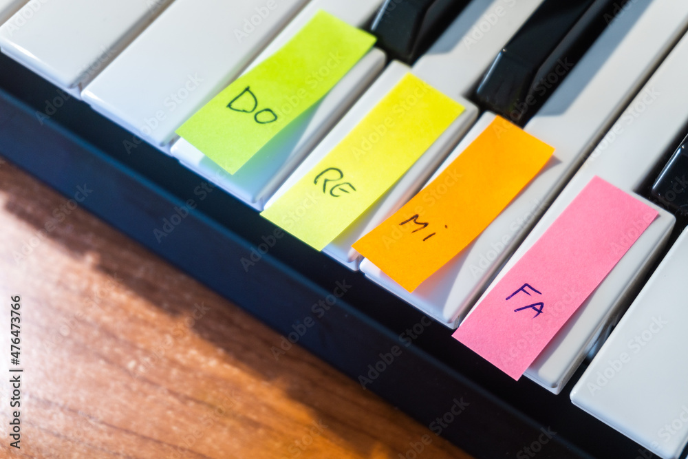Sticky notes with hand written musical notes, attached to the piano