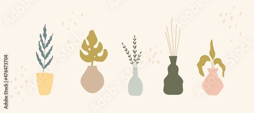 Vector Hand drawn vase with plants , pastel colors. Isolated elements for social media and poster