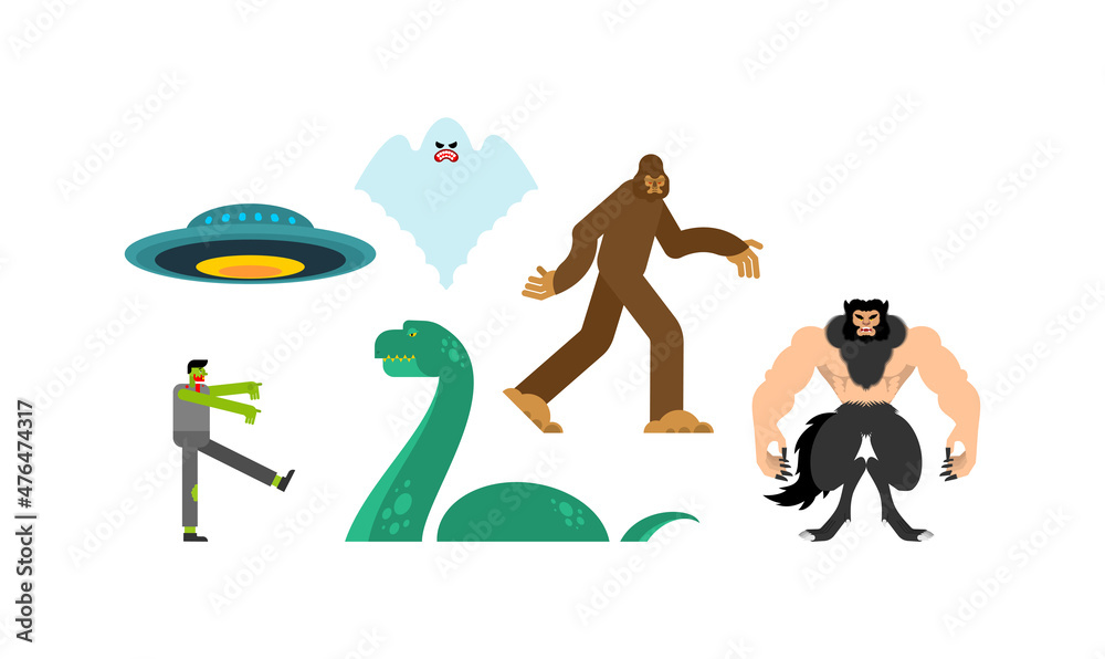 Paranormal set of monsters. Werewolf and zombies. UFO and Yeti. Loch Ness monster and ghost