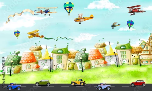 Obraz Cityscape with cars and airplanes. Baby photo wallpaper