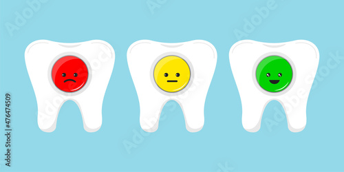Tooth with feedback rate icon set. Emoticons positive, neutral and negative red, yellow and green moods . Dental infograghic rating sign for customer opinion. Flat teeth clip art vector illustration