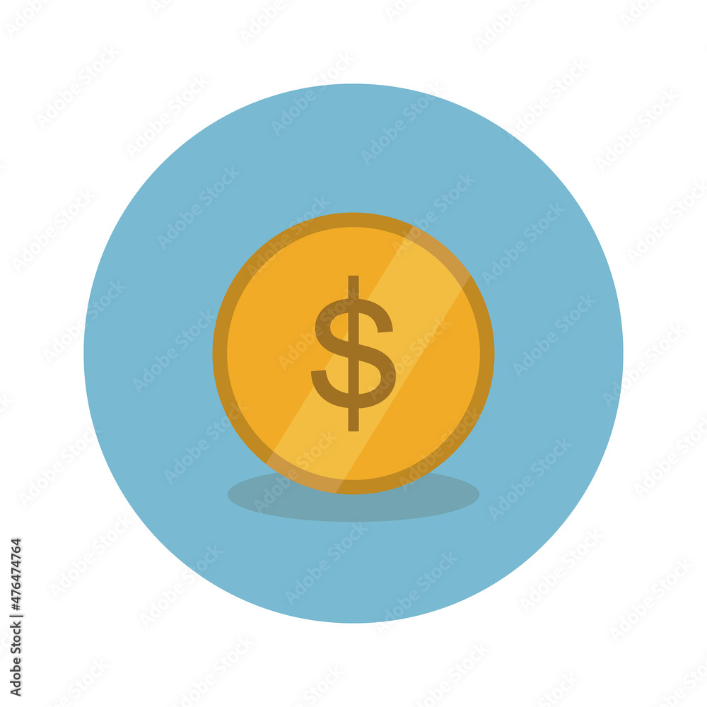 gold dollar coin on blue background vector flat illustration, icon element gold dollar coin on blue background vector flat illustration, icon element