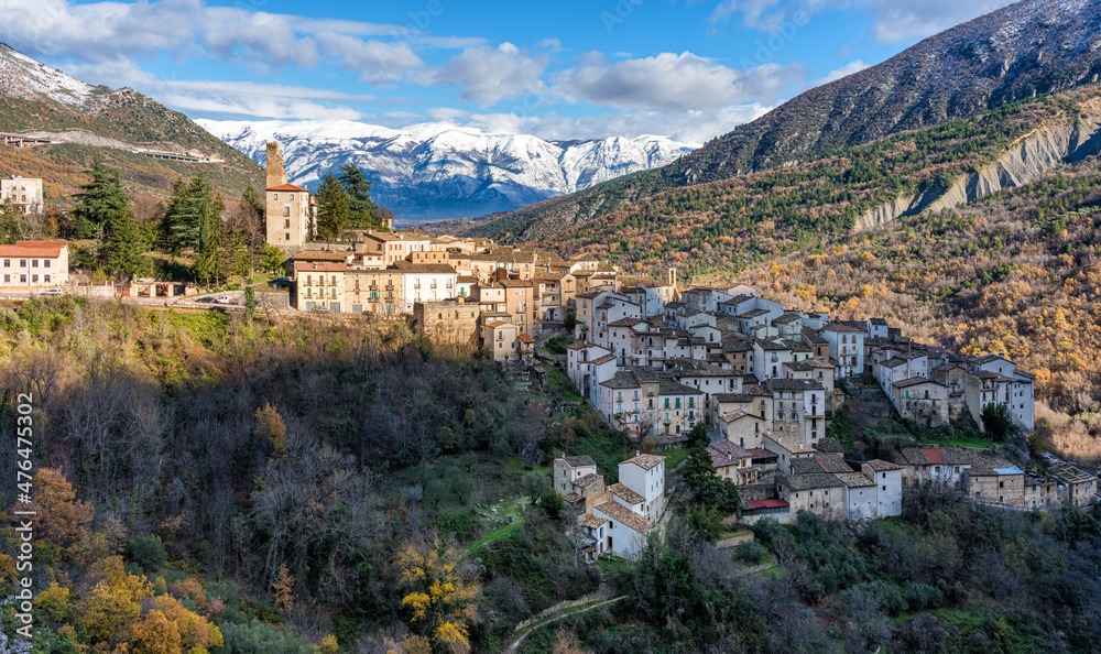 The beautiful village of Anversa degli Abruzzi, covered in snow during winter season. Province of L'Aquila, Abruzzo, Italy.