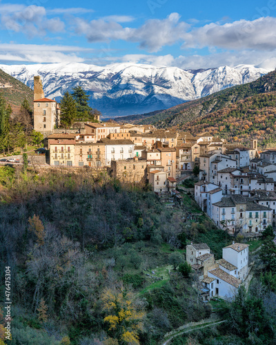 The beautiful village of Anversa degli Abruzzi, covered in snow during winter season. Province of L'Aquila, Abruzzo, Italy. photo