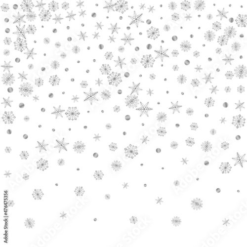 Grey Snowflake Background White Vector. Snow Elegant Illustration. Silver Flake Particles. Luminous Frosty Pattern.