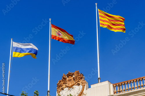 City Council of El Masnou, Spain. Flags of Masnou, Catalonia and Spain. photo
