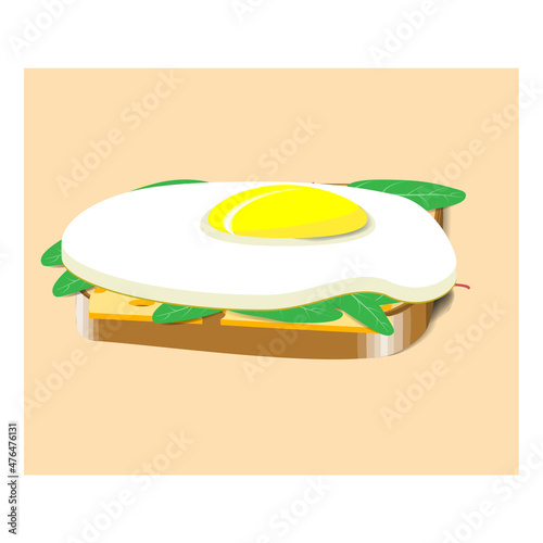 Illustration depicting bread, cheese, scrambled eggs and leaves.