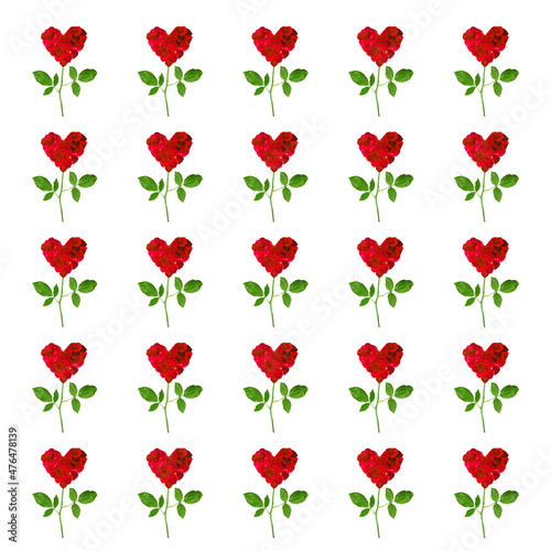 Valentine card. Flowers in the shape of hearts made of rose petals.