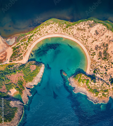 Straight down view of Voidokilia Beach. Splendid morning seascpae of Ionian sea. Adorable outdoor scene of Peloponnese peninsula, Greece, Europe. Vacation concept background..