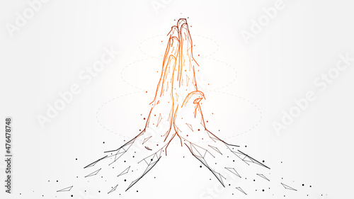 Polygonal vector illustration of two hands touching palms. The concept of a friendly or loving relationship between people. Connection geometric art. Futuristic abstract background, banner or template
