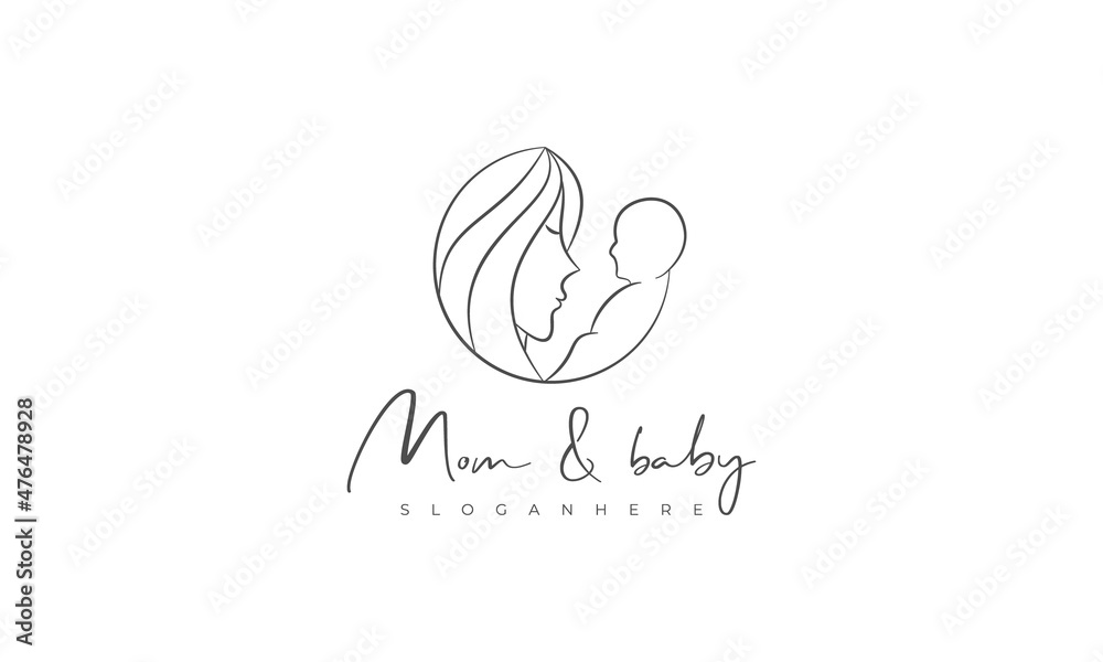 mother and baby logo design with line art style
