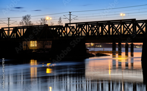 Bridge at night at Tammerkoski rapids in Tampere