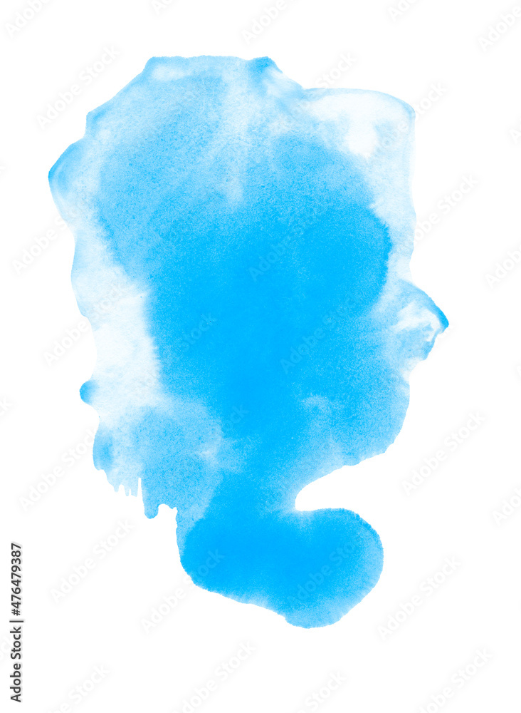 Blue hand drawn watercolor liquid stain. Abstract aqua smudges scribble drop element for design, illustration, wallpaper, card, web