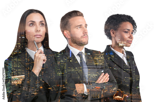 Three dreaming positive business people consultants in suits, crossed arms pose. Asia corporate lifestyle, multinational diverse young professionals. Night Singapore city view. Double exposure photo