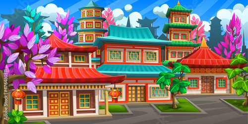 A street with colorful houses, pagodas, surrounded by blossoming sakura. The historical part of the Asian city with national architecture.