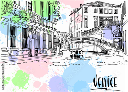 Nice view of old romantic Venice, Italy. Urban background in hand drawn sketch style. Ink line drawing. Black and white Vector illustration on colourful blobs background